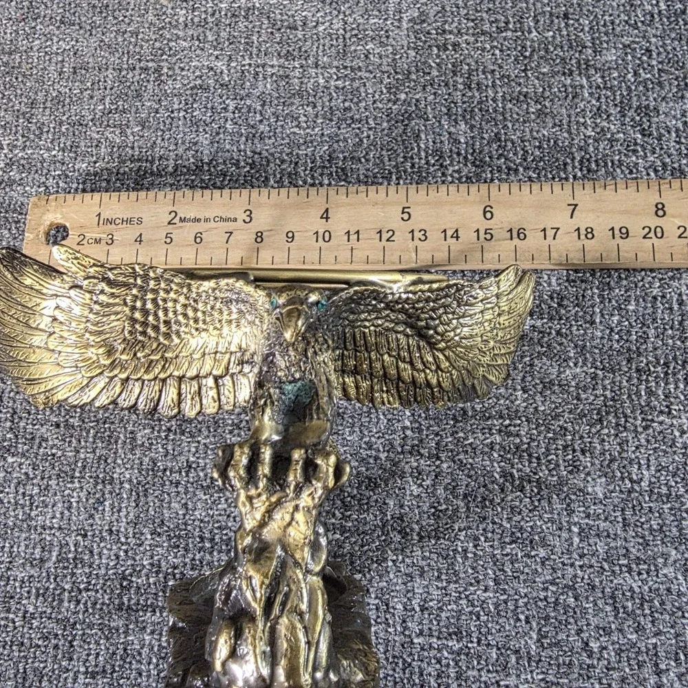 Vintage Brass Eagle Candle Holder Sphere Stand Green Gem Eyes Wingspan Figurine